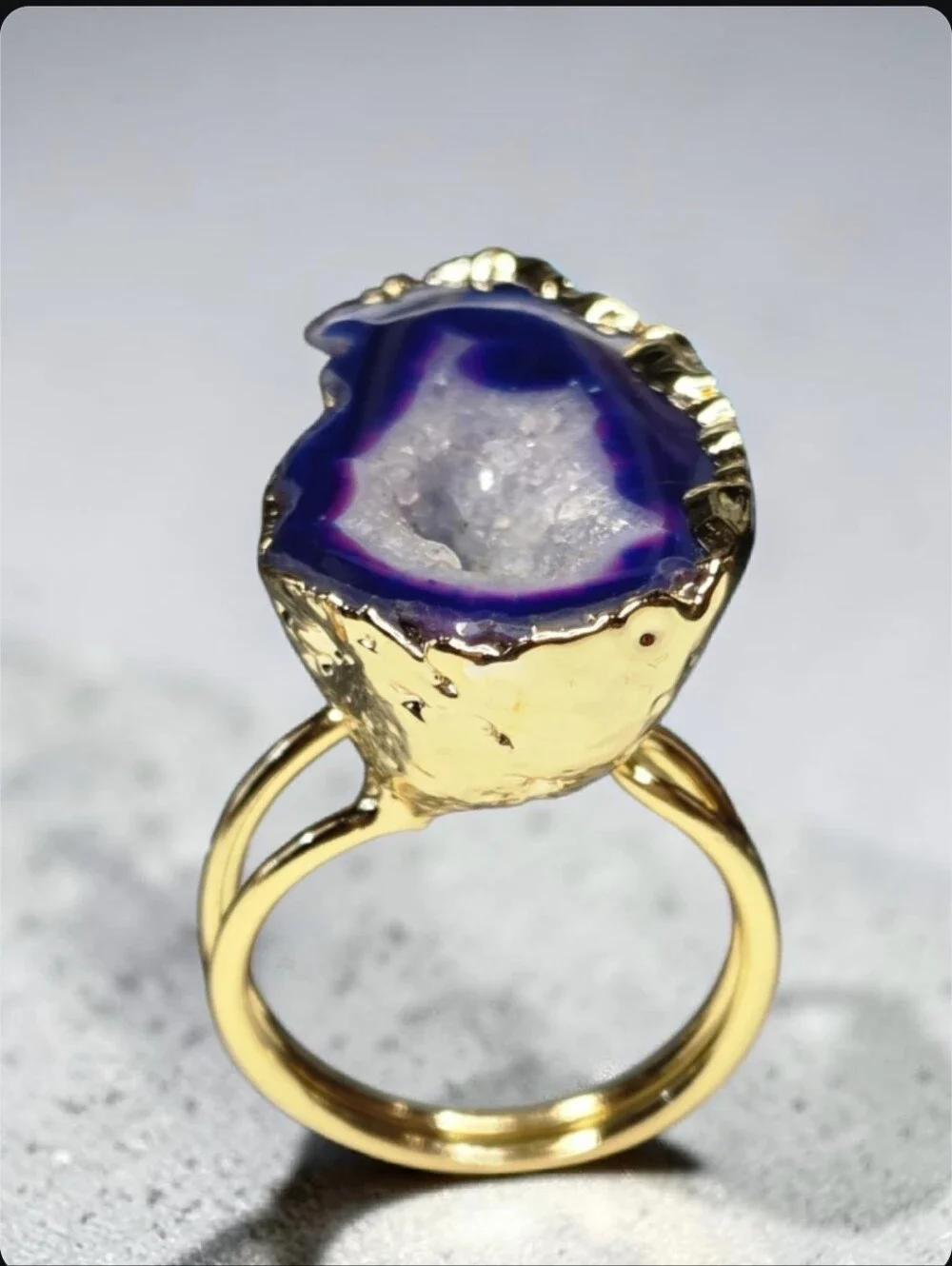 18k Gold Plated Artisan Genuine Deep Purple Agate Sugar Geode Druzy Ring